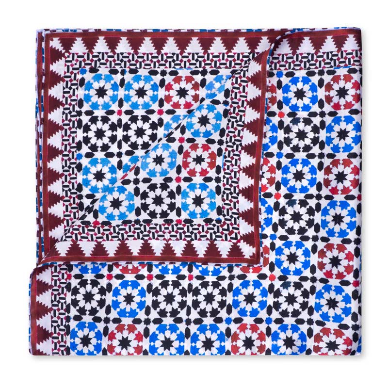 Islamic art inspired red and blue square silk scarf