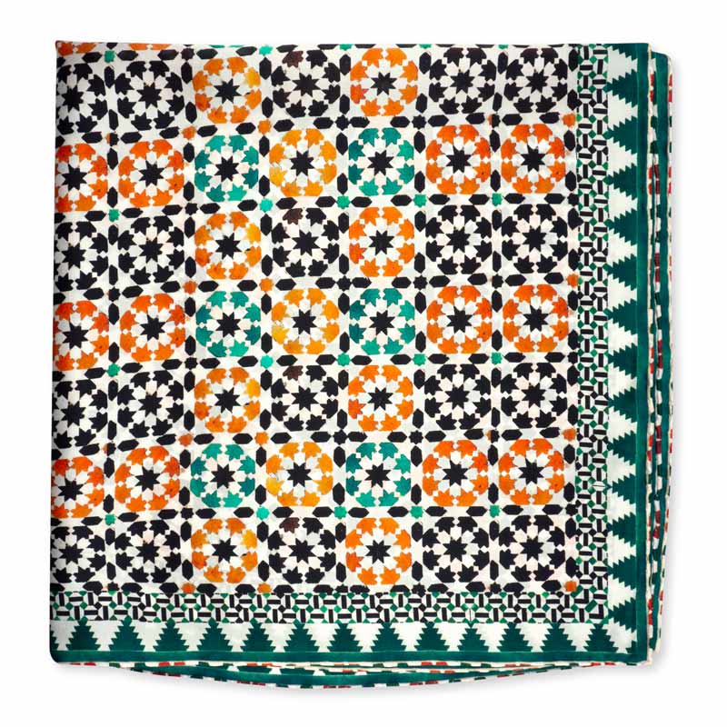 Islamic art inspired square green and orange silk scarf