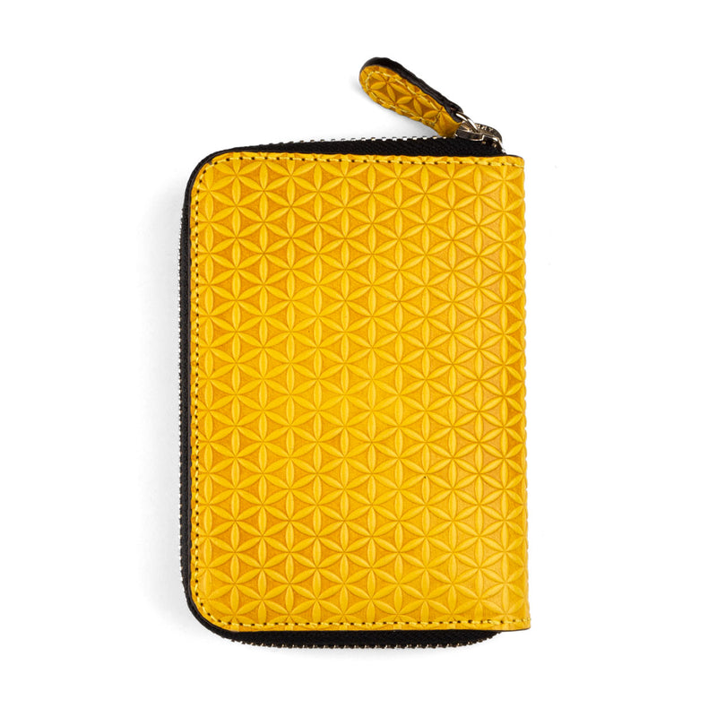 All around leather zipper wallet for women's with yellow pattern inspired by the Flower of Life