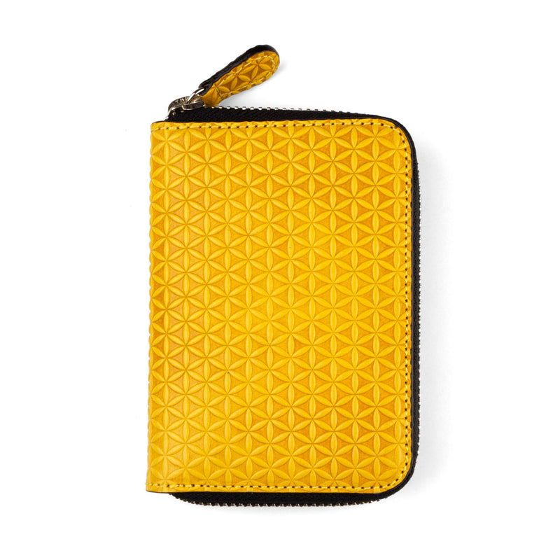 Yellow small leather wallet for women's engraved with flower of life pattern