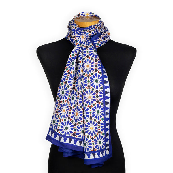 Blue and white scarf featuring a tessellation print