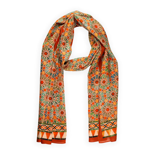 Orange neck scarf with geometric print inspired by islamic art patterns