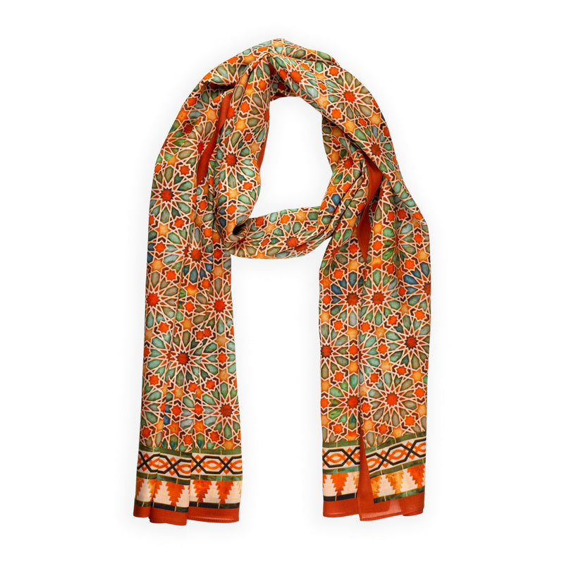 Orange neck scarf with geometric print inspired by islamic art patterns