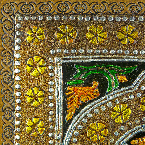 Detail of hand painted and embossed guadamecí