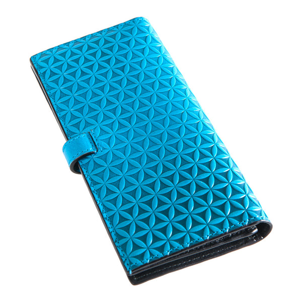 Large blue leather wallet embossed with flower of life pattern