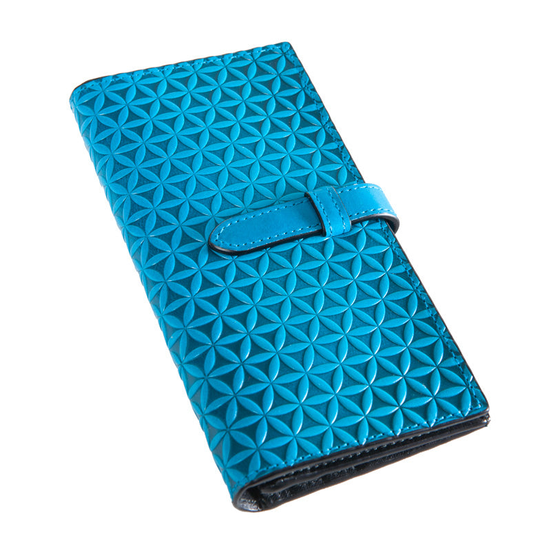 Blue leather wallet with sacred geometry pattern embossed