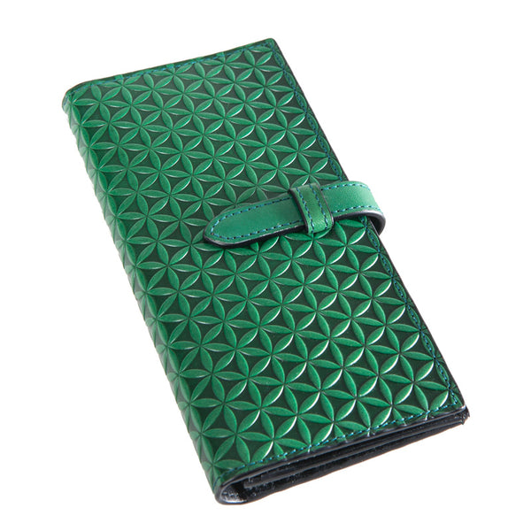 Large green wallet with flower of life embossed pattern and strap