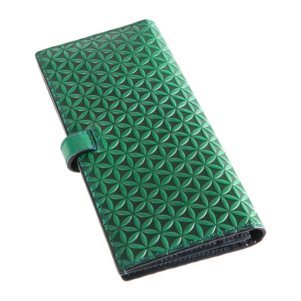 Green leather wallet with flower of life pattern engraved