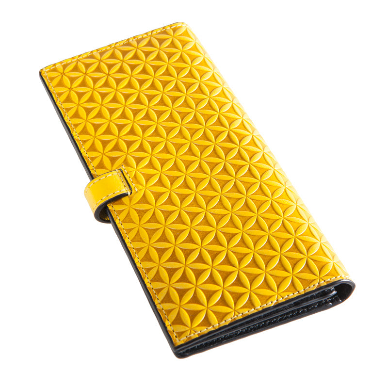 Yellow leather wallet with flower of life pattern engraved