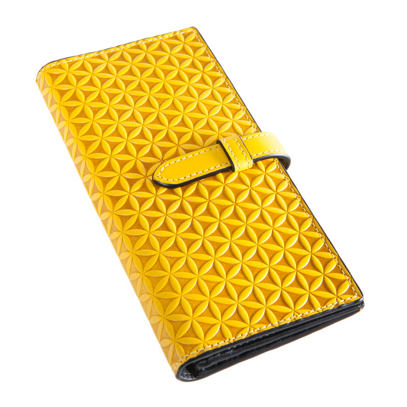 Yellow leather wallet with strap embossed with sacred geometry flower of life pattern