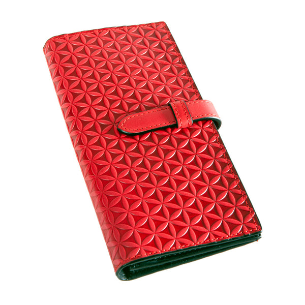 Large red leather wallet with flower of life sacred pattern embossed