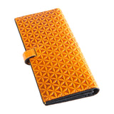 Large brown leather wallet featuring flower of life embossed pattern
