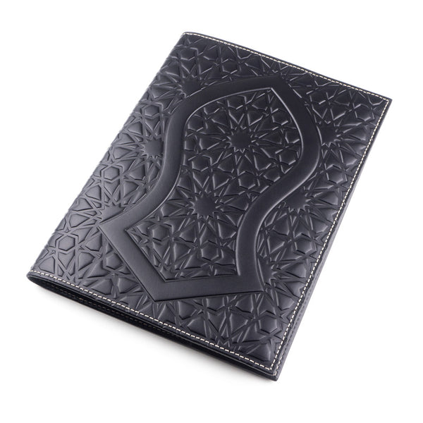 Black leather journal featuring islamic art pattern and nalayn design embossed