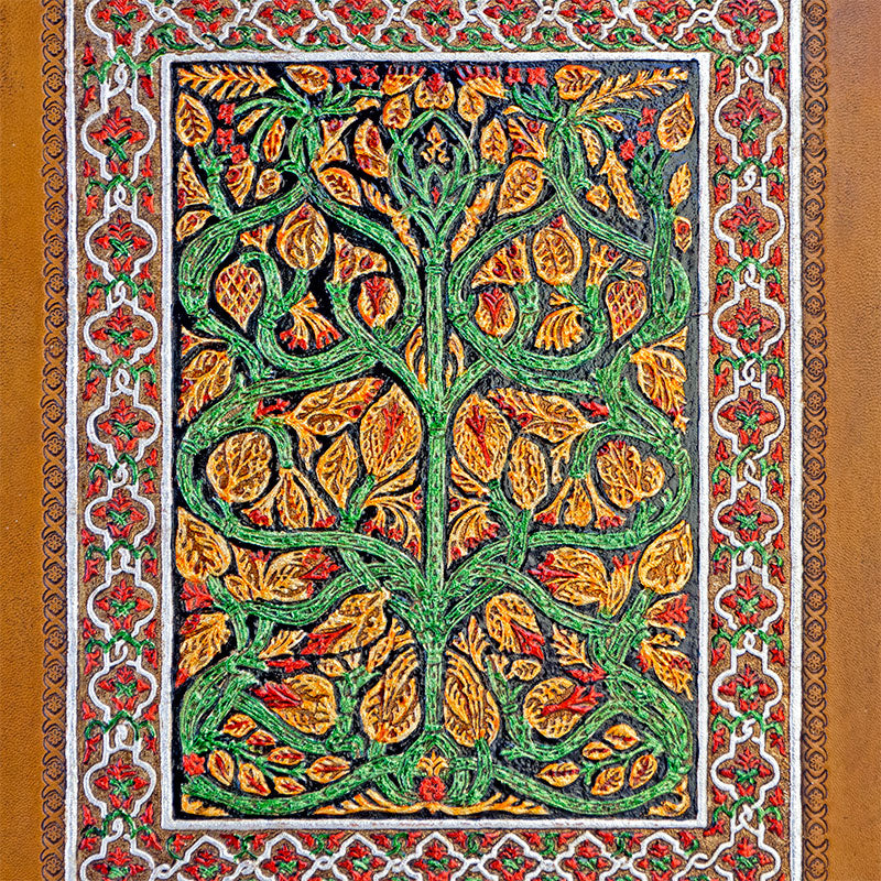 Detail of islamic art inspired leather art piece guadamecí