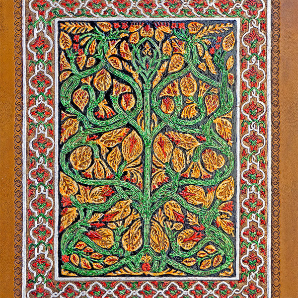 Detail of islamic art inspired leather art piece guadamecí
