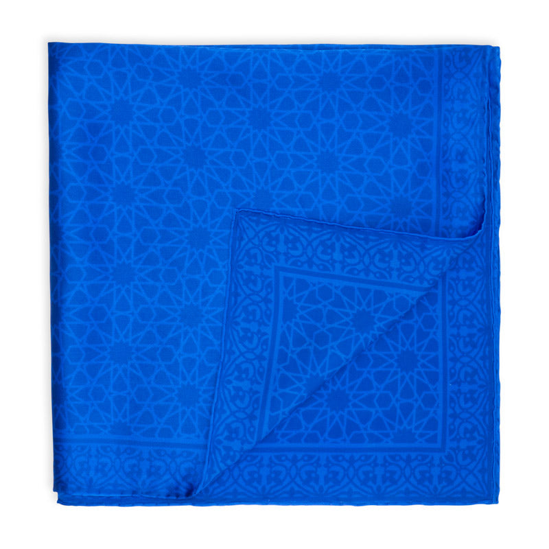 Blue square scarf with geometric print inspired by islamic art