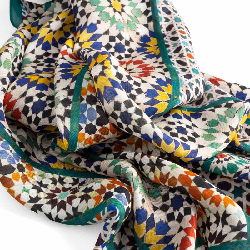 Detail of colorful mosaic tiles inspired scarf