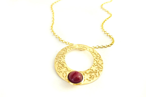 Gold and red circle pendant for women inspired by Islamic Art