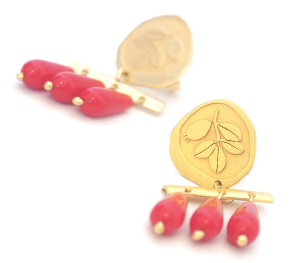 Gold plated earrings with red coral and flowers