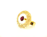 Alhambra palace gold ring with red glass stone