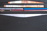 Inside pocket of leather wallet for credit cards and bills
