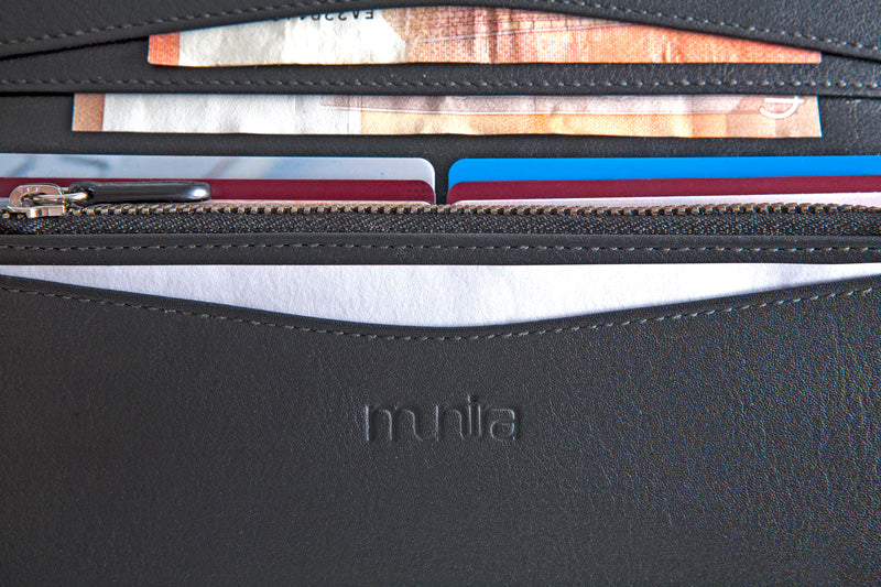 Detail of the inside pockets of a black leather wallet