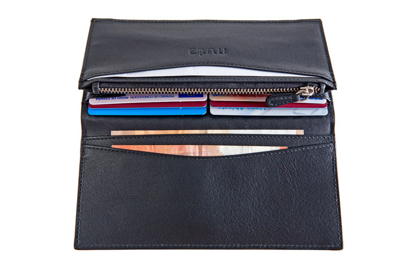 Inside pockets of black leather wallet