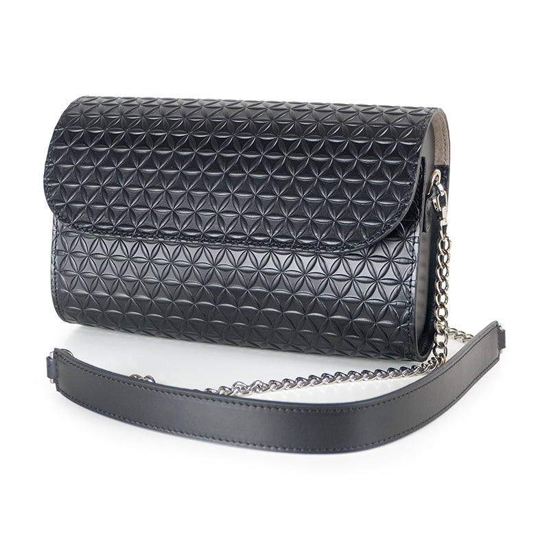 Black leather clutch bag with metal and leather strap