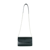 Small black clutch bag with metal and leather strap