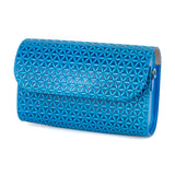 Blue leather handbag with flower of life embossed