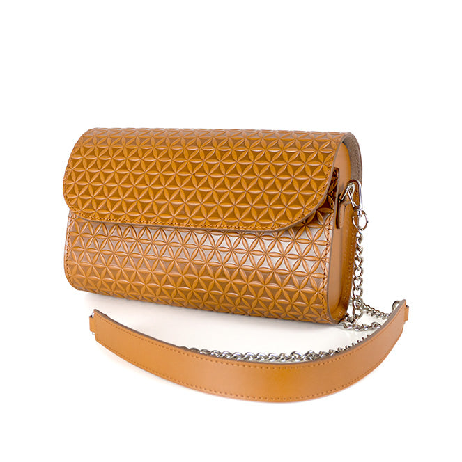 Brown leather shoulder bag with metal and leather strap