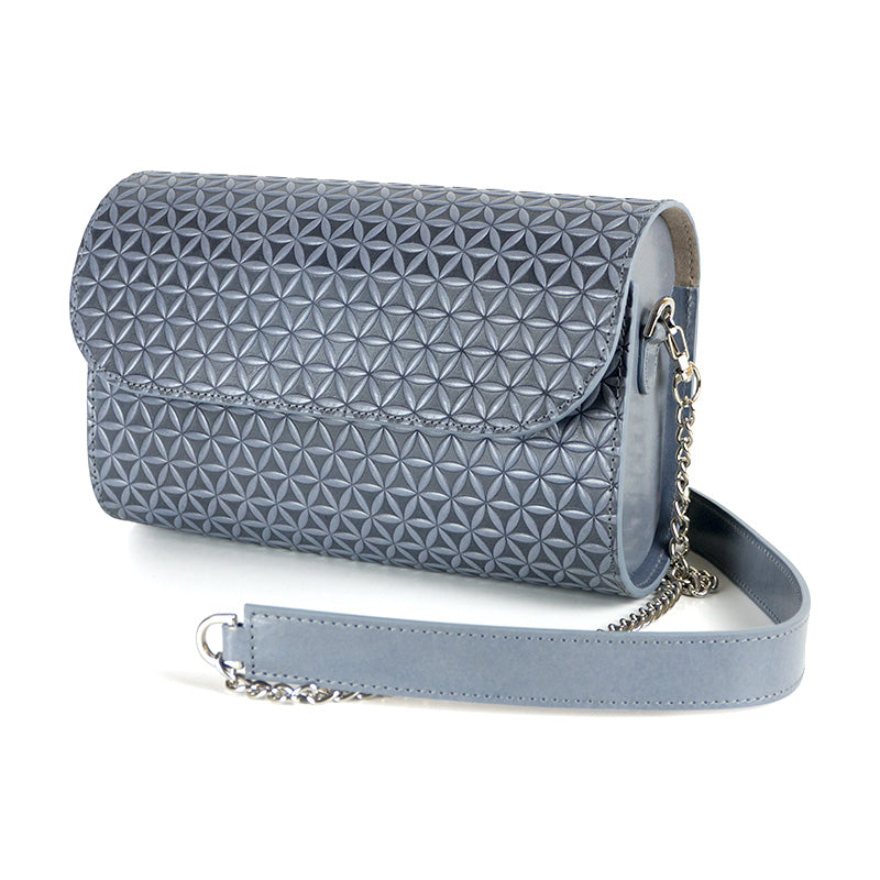 Grey leather clutch bag with removable metal and leather strap