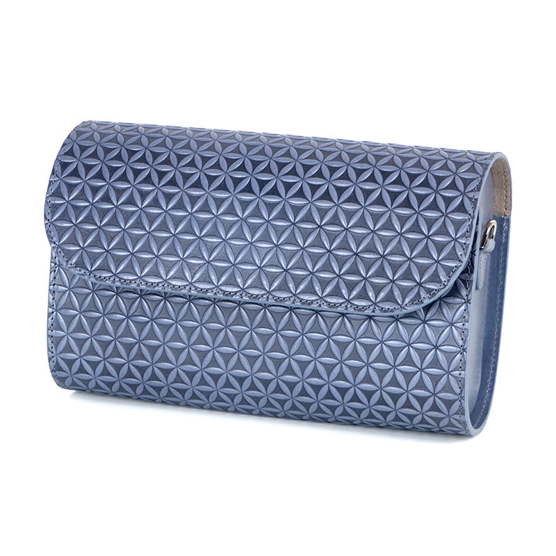 Grey small leather clutch bag with flower of life pattern