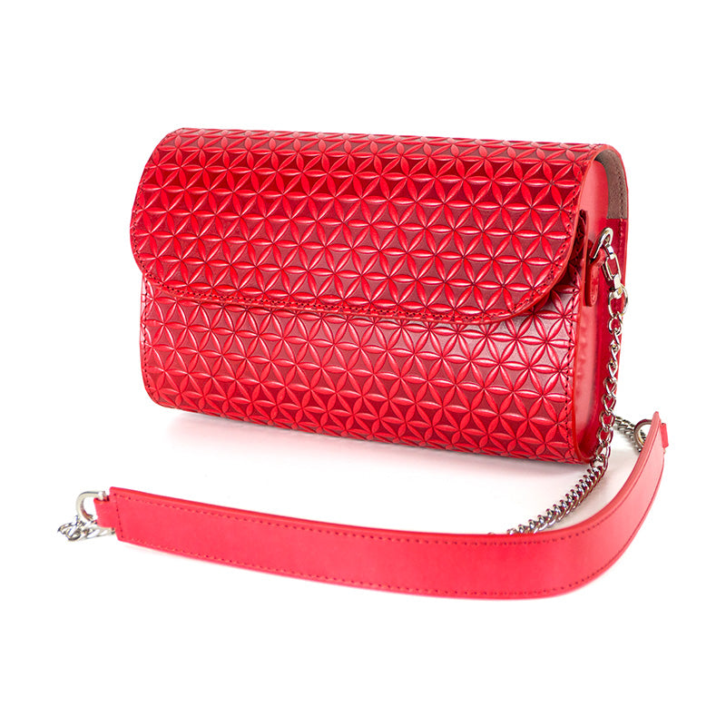Red leather small shoulder bag with leather and metal strap