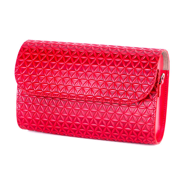Small red leather shoulder bag with flower of life embossed pattern