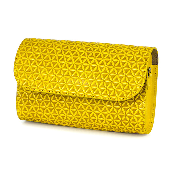Small yellow leather clutch bag with sacred geometry pattern