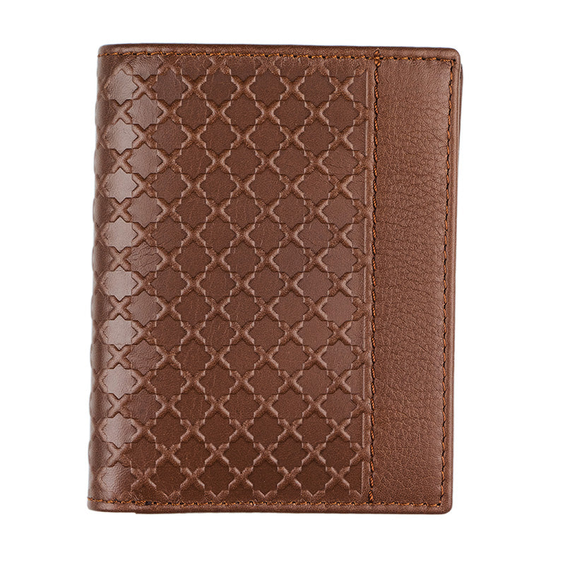 Brown slim leather wallet embossed with islamic geometry pattern