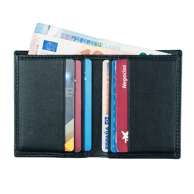 Slim leather wallet with cards and notes