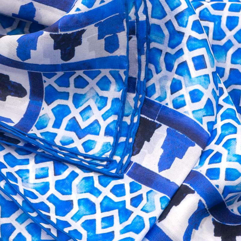 Detail of blue and white silk scarf inspired by islamic art designs