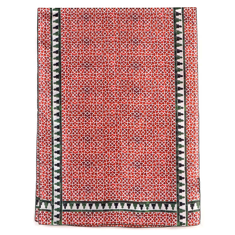 Moroccan tiles inspired large red and green silk scarf