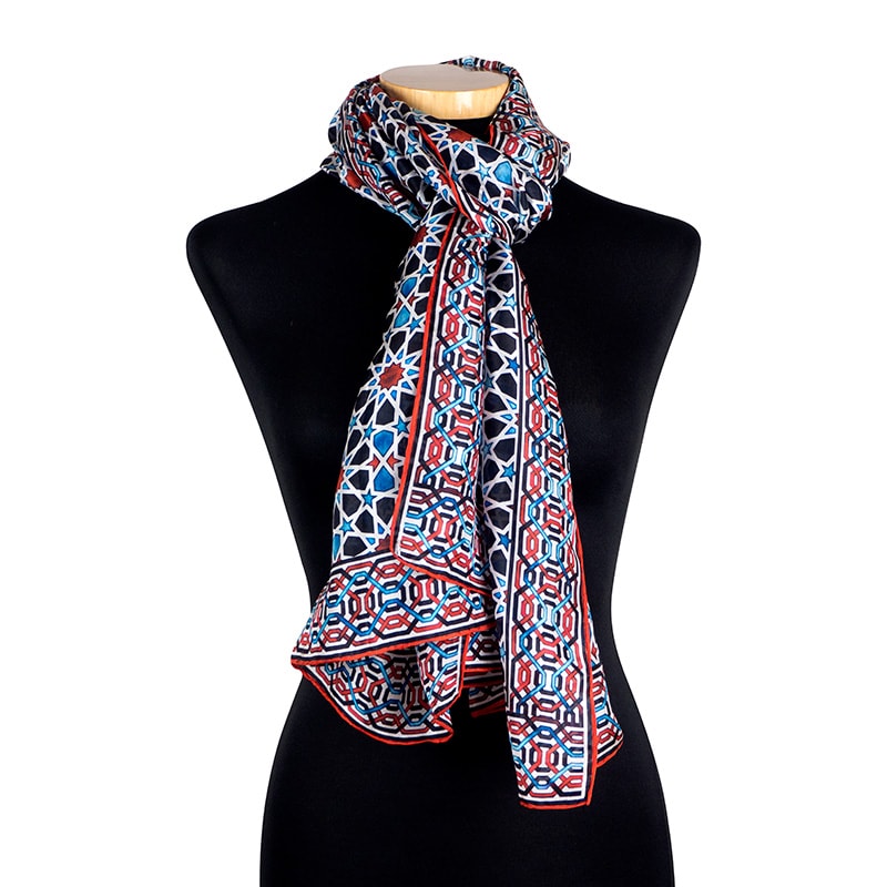 Silk scarf for women blue and red inspired by alhambra tiles Islamic art
