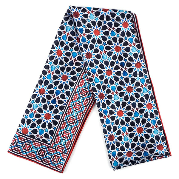 Alhambra tiles inspired blue, black and red silk scarf