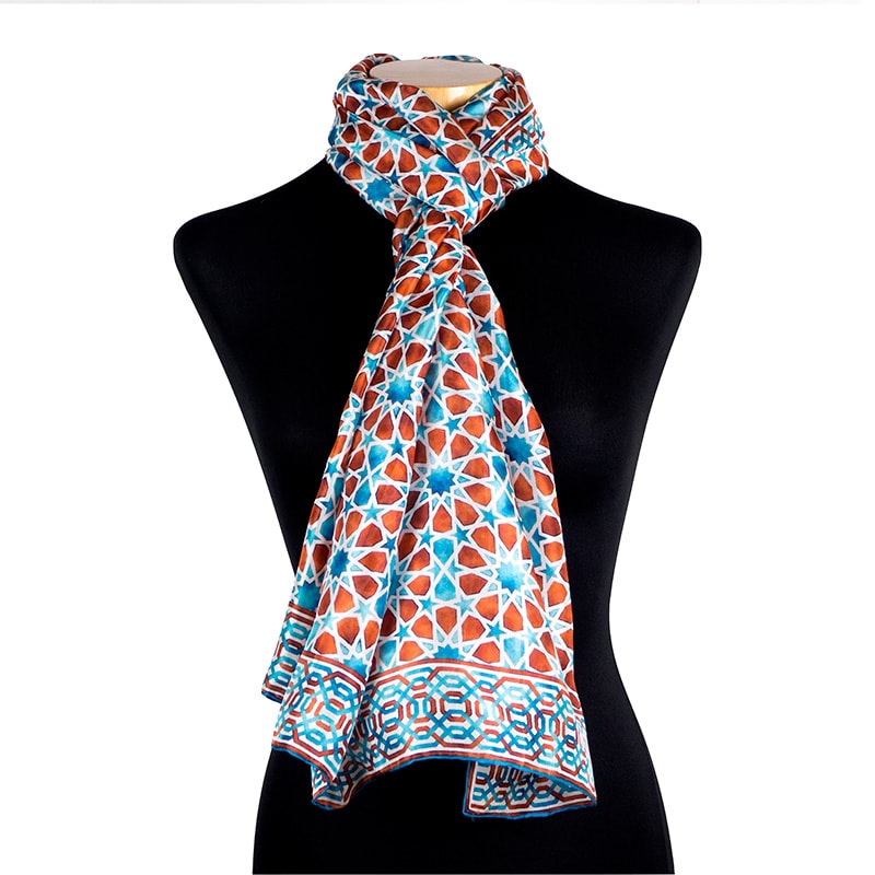Silk hijab scarf for women brown and blue with geometric pattern