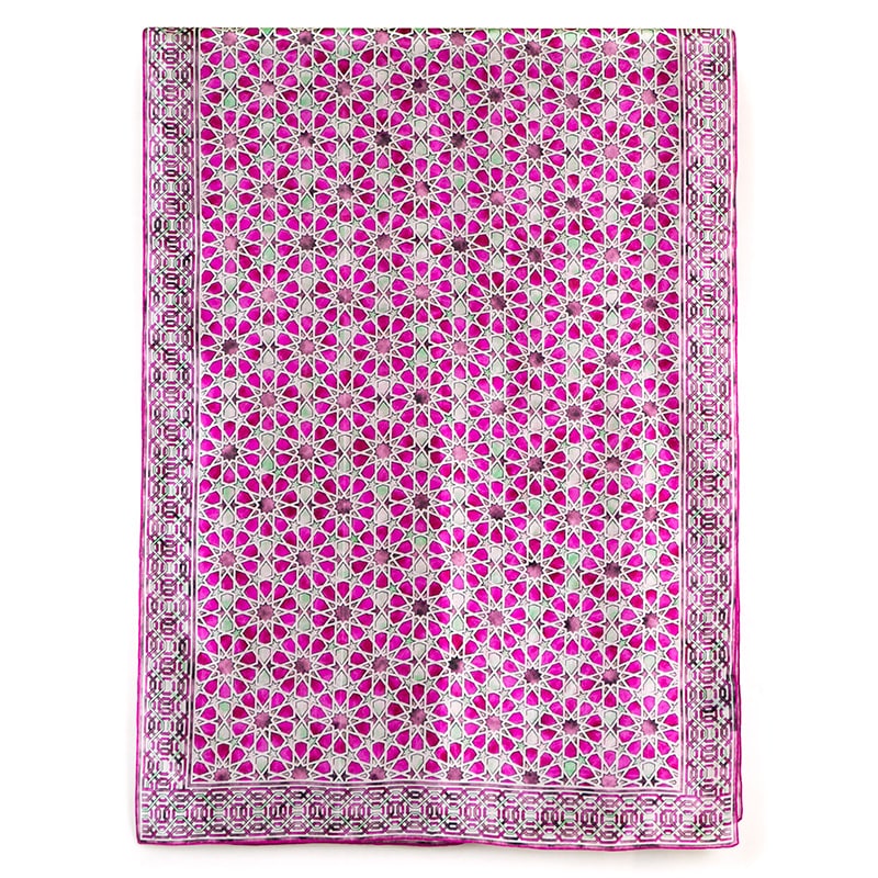 Large pink and green silk scarf with geometric pattern inspired by islamic art