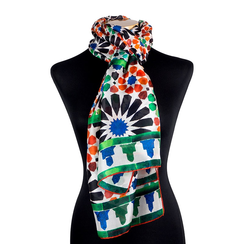 Green, orange and white silk scarf with Moroccan tiles design