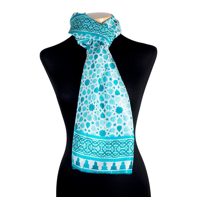 Blue and white silk scarf inspired by islamic art patterns