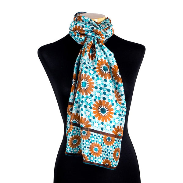Blue and Brown silk neck scarf inspired by moroccan tiles