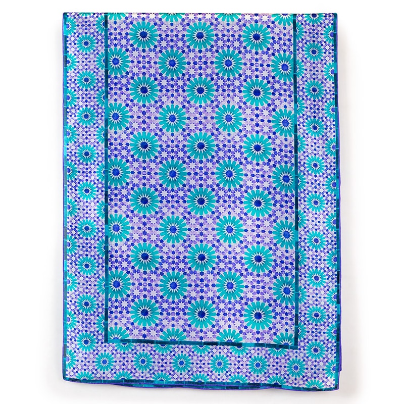 Purple and turquoise large silk scarf inspired by Zellige patterns