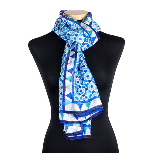Light blue silk neck scarf with islamic art print