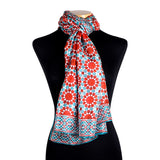 Blue and red large silk scarf with moroccan tiles print